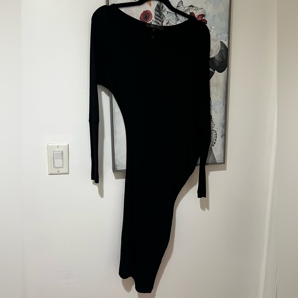 BCBG Maxazria Asymmetric black cotton dress, size XS